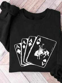 INAWLY Playing Card & Vintage Western Graphic Print Crew Neck Fleece Sweatshirt For Women - Black - View 3