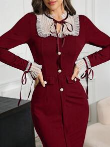 Modelyn Women's Patchwork Ruffle Trim Mesh Flared Sleeve Button Design Dress, Elegant Long Evening Dresses - Burgundy - View 6