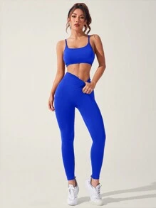 Core Rhythm 1 set Camiseta de tirantes y mallas cruzadas en la espalda de unicolor, conjunto deportivo para mujer para entrenamiento diario, conjunto de mallas para mujer