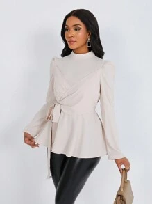 SHEIN Clasi Women Elegant Solid Puff Sleeve Tie-Wrap Shirt, Autumn Peplum Top