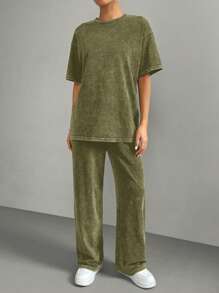 SHEIN EZwear 2 stuks Vrouwen Tie Dye Ronde Hals Drop Schouder Korte Mouw Losse T-shirt En Broek Casual Outfit