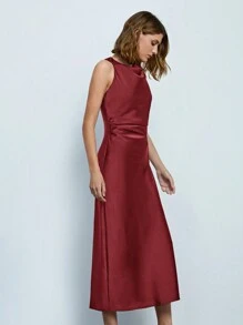 Maija Women Autumn Solid Color Ruched Neck Pleated Elegant Sleeveless Dress,Summer Dresses For Women, Country Concert Outfit,European Summer, Christmas Women's Clothing,Party Dress - Burgundy - View 2