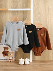 SHEIN 3 piezas Conjunto de ranaper con pies elástico de manga larga con diseño de oso de dibujos animados para bebé recién nacido niño/niña, adecuado para otoño e invierno