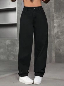 SHEIN EZwear 女士休闲简约时尚牛仔裤，适合日常穿着 - 黑色 - 查看 5