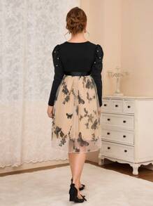 SHEIN Round Neck Puff Sleeve Random Pearl Beaded Butterfly & Mesh Girls Dress
