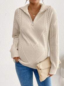 SHEIN Casual Loose-Shoulder Zip-Up Maternity Sweater, Simple Design For Autumn And Winter