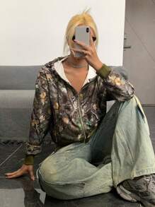 SHEIN ICON 女士休闲复古全树枝和树叶印花连帽运动衫，适合秋冬季，女士春秋季休闲抽绳、口袋长袖运动衫 - 彩色 - 查看 6
