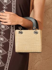 SHEIN VCAY 女士纯色拼布字母细节简约休闲手提包