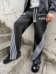 Manfinity Roghcode Manfinity Streetrush Men's Black And White Striped Flared Sweatpants,Summer Streetwear,Embroidered Street Pattern Elastic Waistband,City Break Pants - Black - View 5