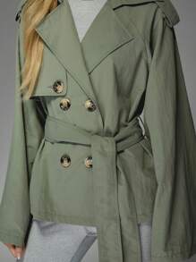 MISSGUIDED Skrócony dwurzędowy płaszcz typu trencz z szerokimi klapami, odzież wierzchnia, jesień, zima, lekka kurtka, krótka, strukturalna, wiosenna, modna, z paskiem, odzież robocza