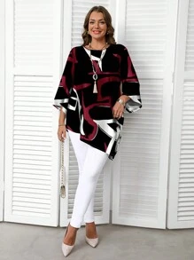 EMERY ROSE Casual Minimalist All-Over Retro Abstract Line Print Pattern Versatile Plus Size Shirt, Suitable For Autumn/Winter Chic Blouses For Women - Multicolor - View 4
