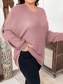 Calvaya Plus Size Batwing Sleeve Solid Color Sweater For Autumn/Winter - Dusty Pink - View 3