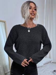 EMERY ROSE Women Casual Solid Color Dropped Shoulder Loose Ribbed Knit Pullover Sweater Gray Sweatergrey Jumper - Dark Grey - View 6