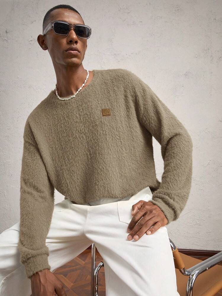 Men Oversized Crew Neck Drop Shoulder Long Sleeve Casual T-Shirt, Suitable For Autumn/Winter Daily Wear, Green Color-Block With Flocked Graphic