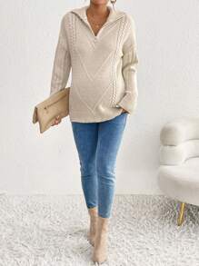 SHEIN Casual Loose-Shoulder Zip-Up Maternity Sweater, Simple Design For Autumn And Winter