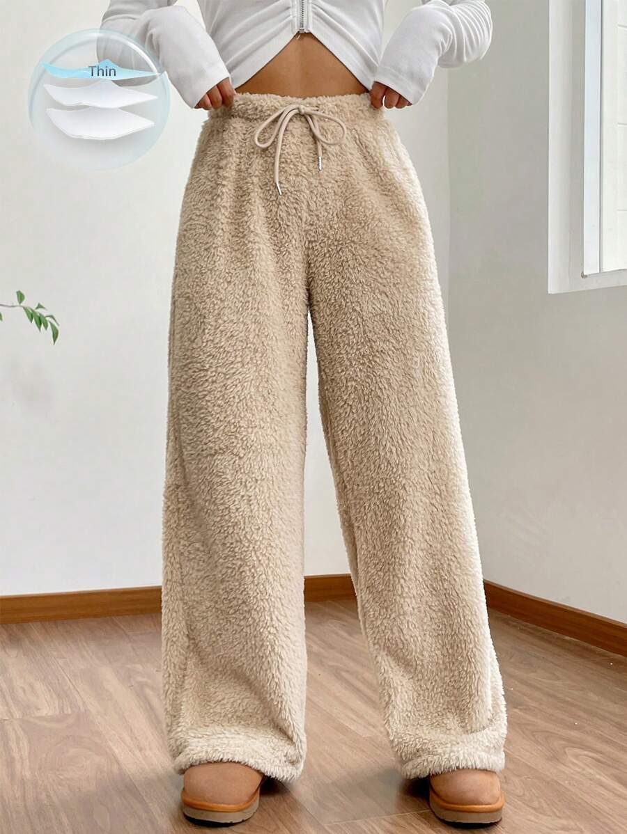 SHEIN EZwear 腰部抽繩絨毛闊腿褲 - 杏色 - 查看 1