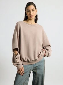 AiiRZ Oversized Cutout Sleeve Sweatshirt Essential Casual Urban Loungewear Pullover Fall Winter Loose Fit Athleisure Streetwear Comfort Athletic Wear - Brown - View 1