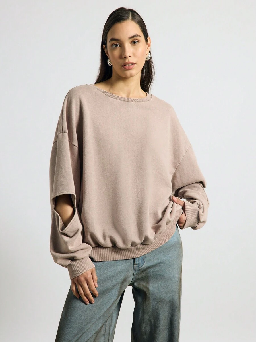 AiiRZ Oversized Cutout Sleeve Sweatshirt Essential Casual Urban Loungewear Pullover Fall Winter Loose Fit Athleisure Streetwear Comfort Athletic Wear - Brown - View 1
