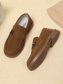 1 双儿童/幼儿男女通用绒面纹理 PU 材质平底一脚蹬休闲鞋，四季舒适穿着 - 棕色 - 查看 5