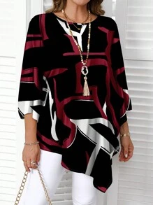 EMERY ROSE Casual Minimalist All-Over Retro Abstract Line Print Pattern Versatile Plus Size Shirt, Suitable For Autumn/Winter Chic Blouses For Women - Multicolor - View 1