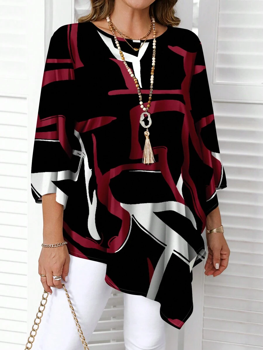 EMERY ROSE Casual Minimalist All-Over Retro Abstract Line Print Pattern Versatile Plus Size Shirt, Suitable For Autumn/Winter Chic Blouses For Women - Multicolor - View 1