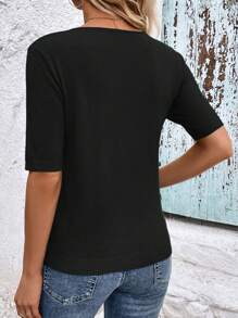 SHEIN Clasi All-Match Solid V-Neck Casual Short Sleeve Knit Top,Knitted Sweater - Black - View 2