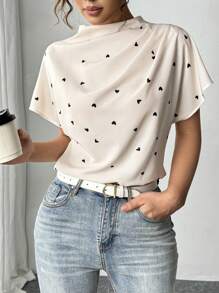 Gloray 女士优雅褶饰心形印花半高领短袖休闲衬衫 - 杏色 - 查看 3