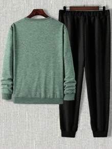 EURMUSE Cotton Men Letter Graphic Sweatshirt & Sweatpants - Hijau - View 3
