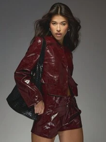 MISSGUIDED Patent Leather Blazer Metallic High Fashion Statement Winter Holiday Party Evening Celebration Tailored Structured Luxury Designer Professional Outerwear