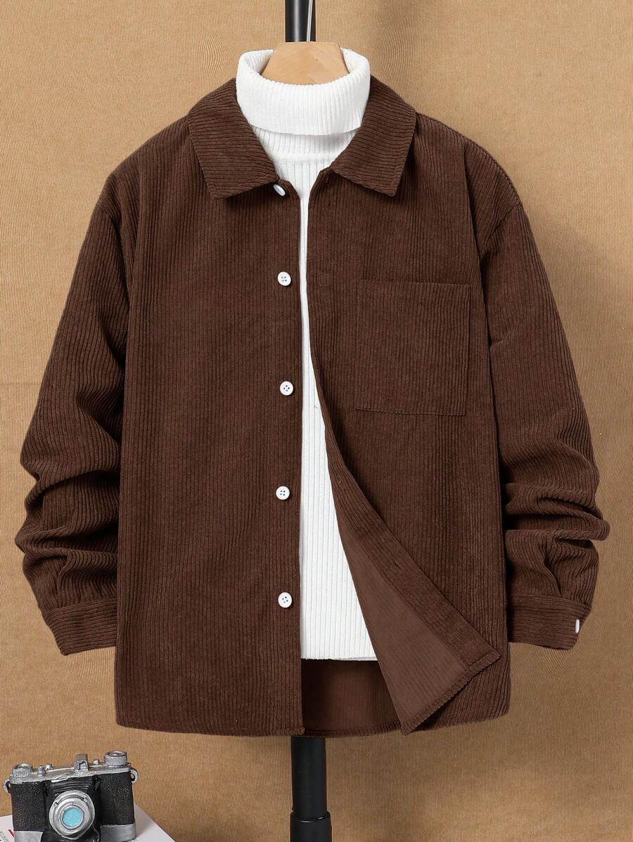 SHEIN Leap Crew Tween Boys' Casual Korean Style Patch Pocket Corduroy Turndown Collar Button-Up Shirt, Brown, Winter - Brown - View 1