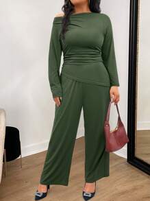 INAWLY Set de 2 piezas de talla grande: top asimétrico y pantalones de color liso casual, otoño