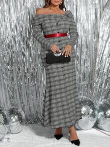 SHEIN Clasi Vestido largo y elegante de punto gris de hombros descubiertos, manga larga y con lazo en la cintura, apto para otoño/invierno, Acción de Gracias, Navidad, Halloween, Año Nuevo, para mujer de talla grande