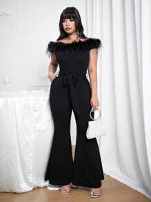 Allurite Plus Size Women's Off Shoulder Fluffy Collar Pocket Tie Waist Minimalist Black Jumpsuit For Dates And Parties