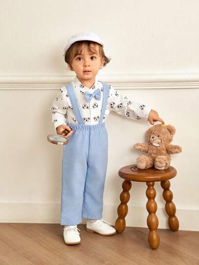 SHEIN 2 件套男婴经典绅士装，包括带领结和考拉图案的长袖衬衫，以及带按扣裤裆的工装裤，适合正式场合、生日、秋冬季