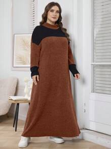 Mulvari 大码女式撞色高领长袖宽松长款休闲连衣裙秋季长款女装 - 棕色 - 查看 6