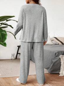 Calvaya Plus Size Women Solid Color Single-Breasted Long Sleeve Jacket And Pants Ribbed Knit Set, Autumn/Winter - Light Grey - View 2