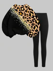 SHEIN 2 peças/Conjunto Casual de Menina Adolescente com Estampa Brilhante de Leopardo, Inclui Moletom de Manga Longa Confortável Gola Redonda e Legging, Adequado para Outono/Inverno