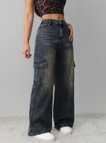 SHEIN Tall 女士牛仔裤 红色紧身弹力开衩牛仔裤 返校迷彩牛仔裤 Y2k 牛仔裤 直筒牛仔裤 女士牛仔裤 秋季女装特卖 低腰宽松牛仔裤 女士下装 促销 - 深色水洗藍 - 查看 6