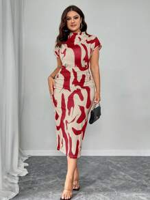 Elenzga Plus Size Women's Knitted Stretch Dress For Spring & Summer - Sexy Slim-Fitting, Waist-Cinching, Bodycon, Irregular Striped Print, Short-Sleeve, Small Stand Collar, Multi-Color, Simple Style For Office Commute And Daily Wear - Multicolor - View 6