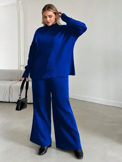 SHEIN Cottnline Plus Size Women Casual Solid Color Funnel Neck Drop Shoulder Loose Sweater And Wide Leg Sweater Pants Set, Autumn/Winter