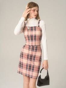 3pcs Set For Teenage Girls: Elegant Retro Knitted Elastic Plaid Camisole Top, Mini Skirt, High Neck Long Sleeve T-Shirt - Multicolor - View 1