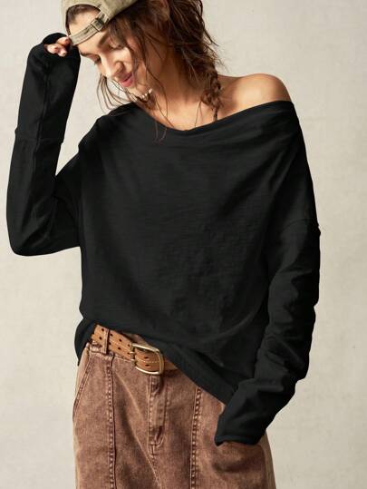 Bohemela Casual Solid Color Knit Boat Neck Long Sleeve Loose Fit Blouse For Women