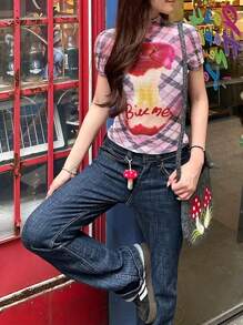 INAWLY Women's Stand Collar Short Sleeve Pattern Minimal Casual T-Shirt Graphic Tees Women Tops