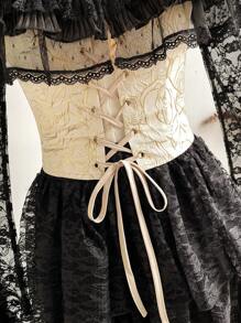 Vintamour Vintage Elegant Women Floral Jacquard Off Shoulder Long Sleeve Flared Cuff Lace Contrast Ruffle Bow Tie Party Festival Strapless Corset Blouse Winter Women Clothes Women Corsets Thanksgiving Women Outfit Winter Outfits Christmas Women Clothes Christmas Outfits Christmas Women Dress Christmas Party Dress Christmas Top Christmas Shirt Christmas Dress Christmas Clothes New Year Eve Dress Thanksgiving Dress Winter Tops Holiday Dress