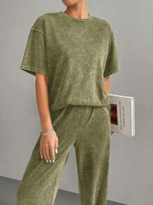 SHEIN EZwear 2 stuks Vrouwen Tie Dye Ronde Hals Drop Schouder Korte Mouw Losse T-shirt En Broek Casual Outfit