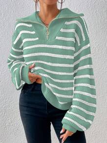 Flirla Women Casual Dropped Shoulder Striped Long Sleeve Pullover Sweater, Autumn/Winter