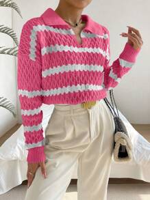 SHEIN Unity Casual Daily Contrast Color Striped Drop Shoulder Sweater, Suitable For Autumn/Winter Knit Pullover Fall - Coral Pink - View 4