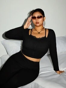 SHEIN ICON 2pcs Plus Size Women Icon Print 2 In 1 Long Sleeve T-Shirt & Lace Splicing Pants Suit - Black - View 5