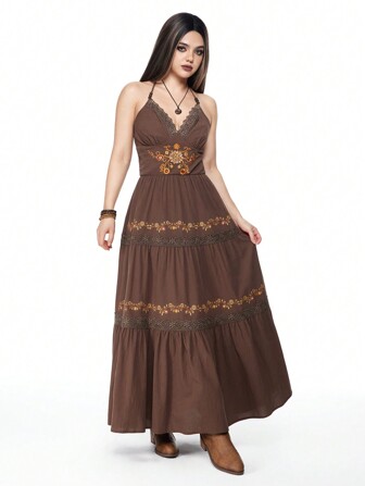 Hippie Vintage 90er Jahre Stil Blumenstickerei Retro Western Midi Kleid für Damen, geeignet für den frühen Herbst