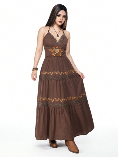 Hippie Vintage 90s Style Floral Embroidery Retro Western Midi Dress For Women, Suitable For Early Autumn